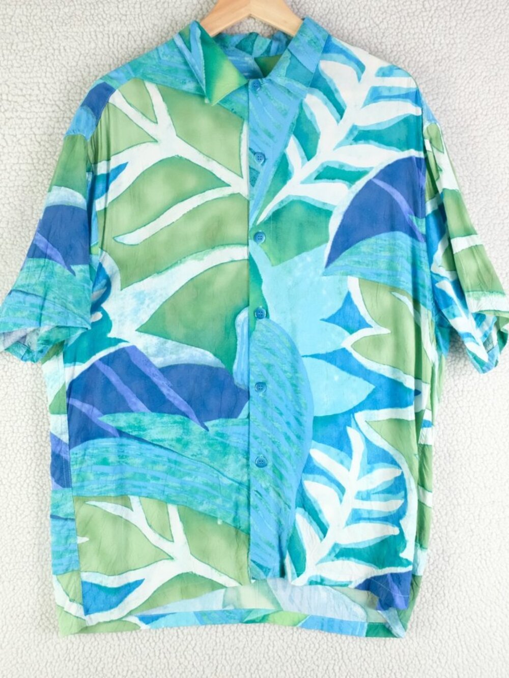 Jams World Shirt Mens Medium Blue Green Bluejay Watercolor Rayon Summer USA